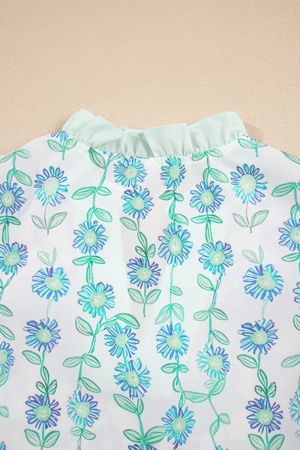 Green Floral Print Striped Detail Contrast V Neck Patchwork Flutter Sleeve Blouse - Loving It Shop