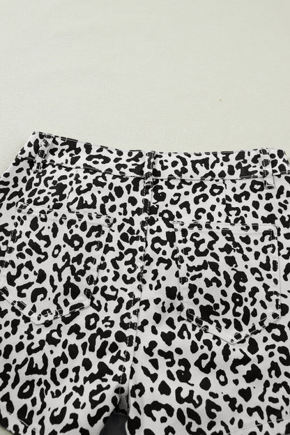 Brown Leopard Print Button Overlap Denim Shorts