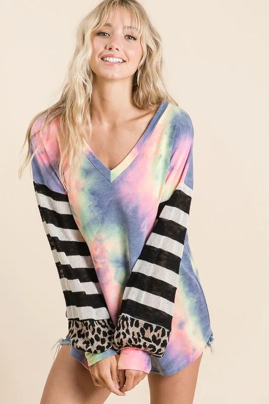Tie Dye V Neck Top with Stripe Puff Sleeves