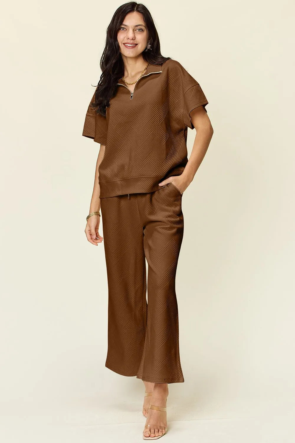 I am a Fashion Junky Full Size Texture Half Zip Short Sleeve Top and Pants Set