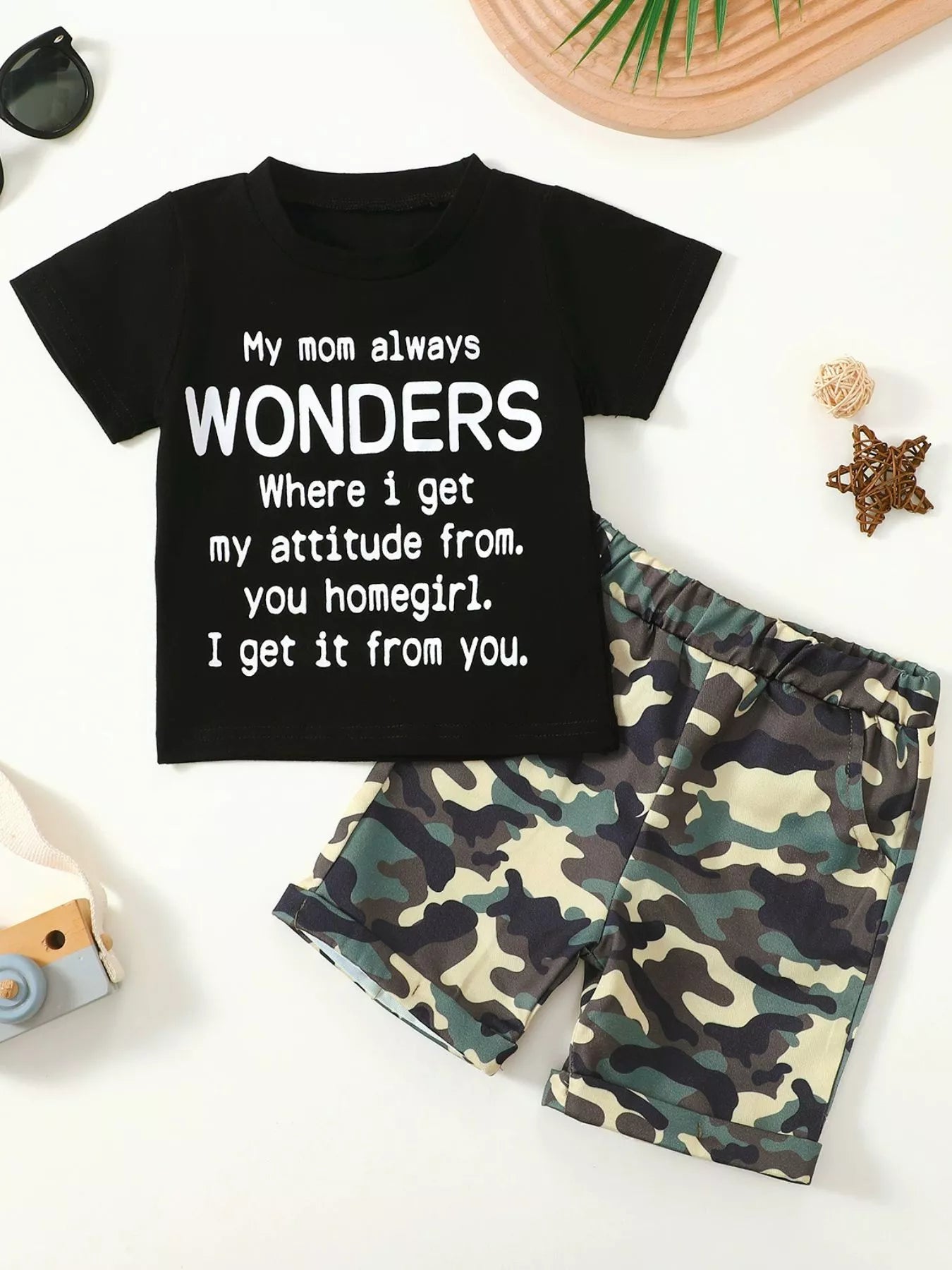 Children's Letter Graphic Tee and Camouflage Shorts Set
