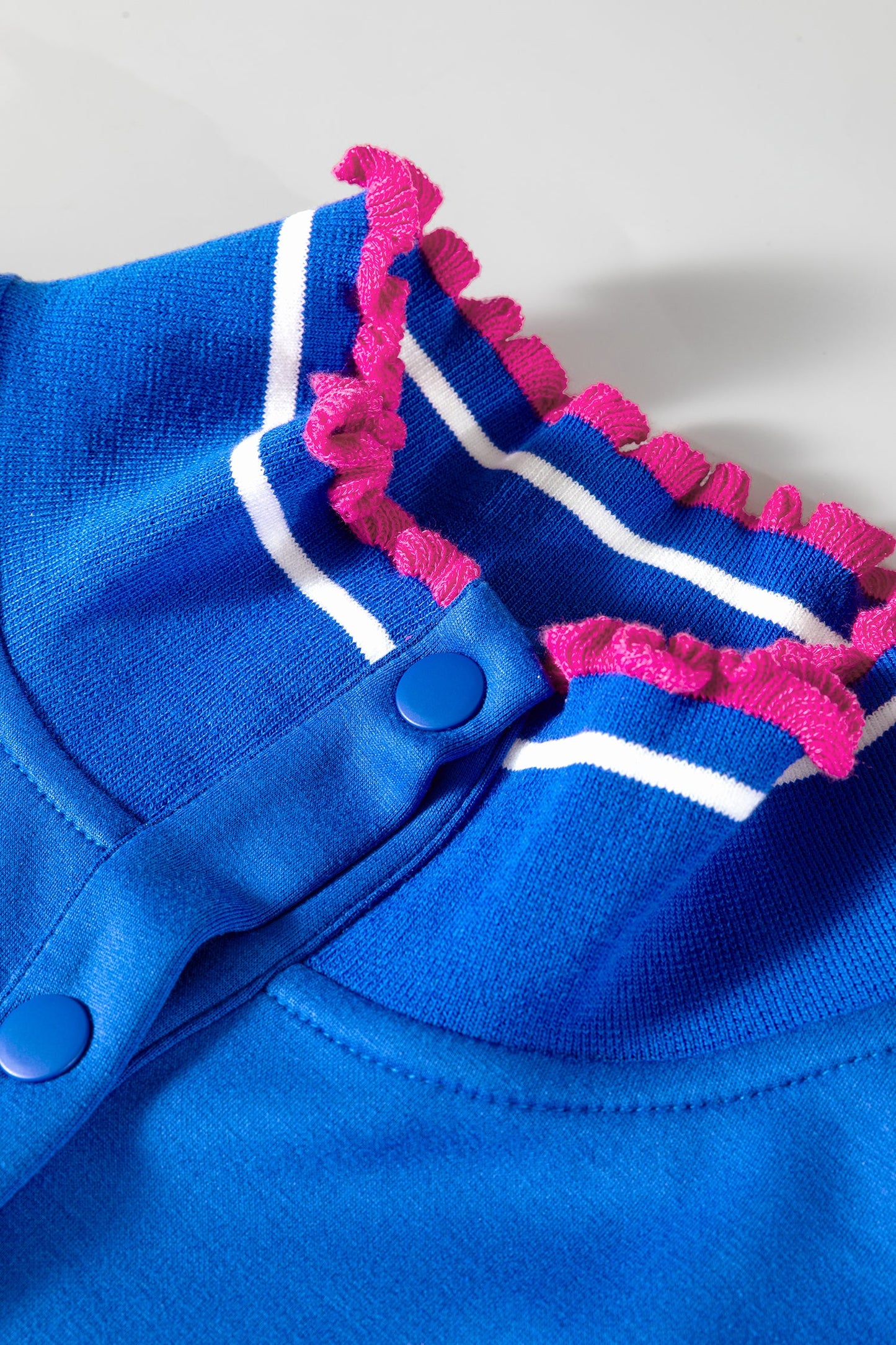 Sky Blue Contrast Frilled Trim Button Collared Short Sleeve Knit Top