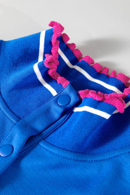 Sky Blue Contrast Frilled Trim Button Collared Short Sleeve Knit Top
