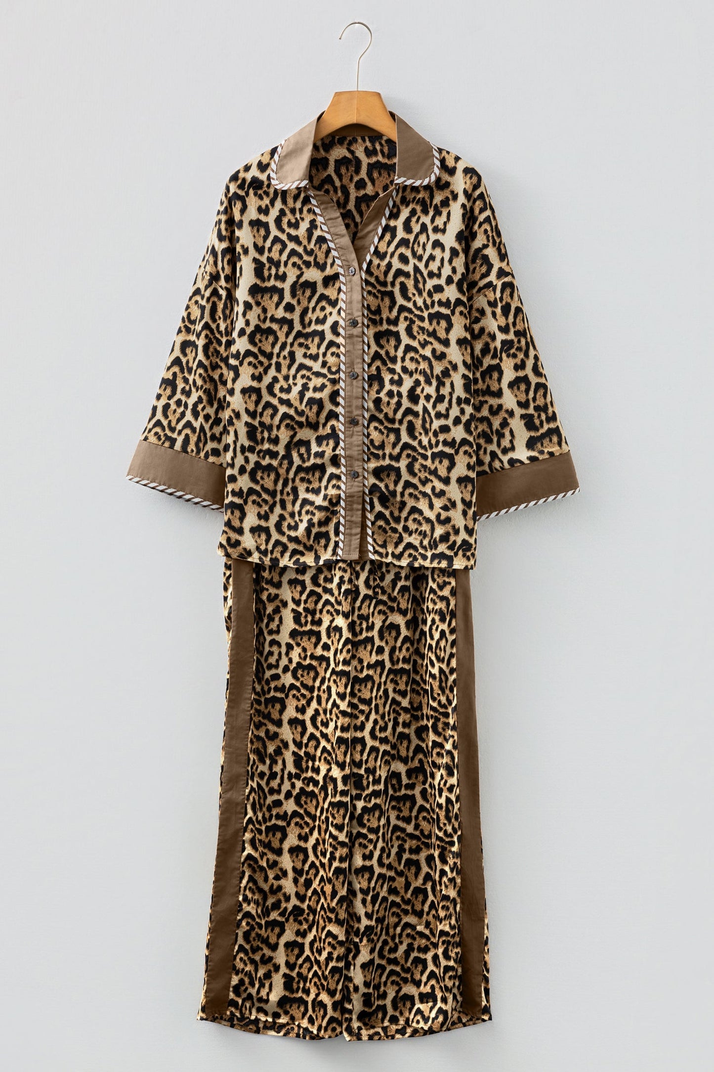 Brown Leopard Collared 3/4 Sleeve Shirt and Loose Pants Two Piece Outfit Set
