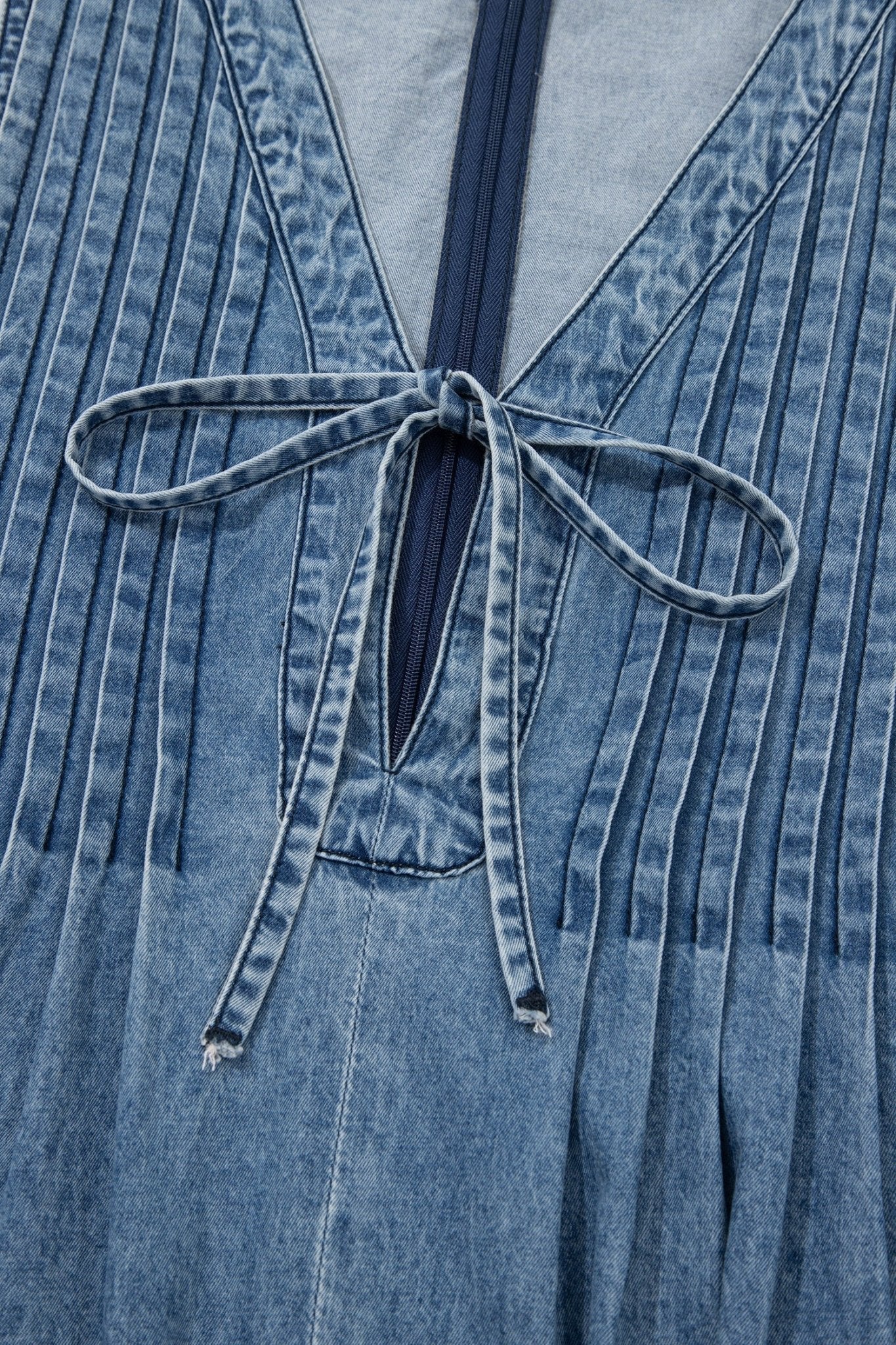 Dusk Blue Acid Wash Pintuck Tie V Neck Denim Wide Leg Jumpsuit - Loving It Shop