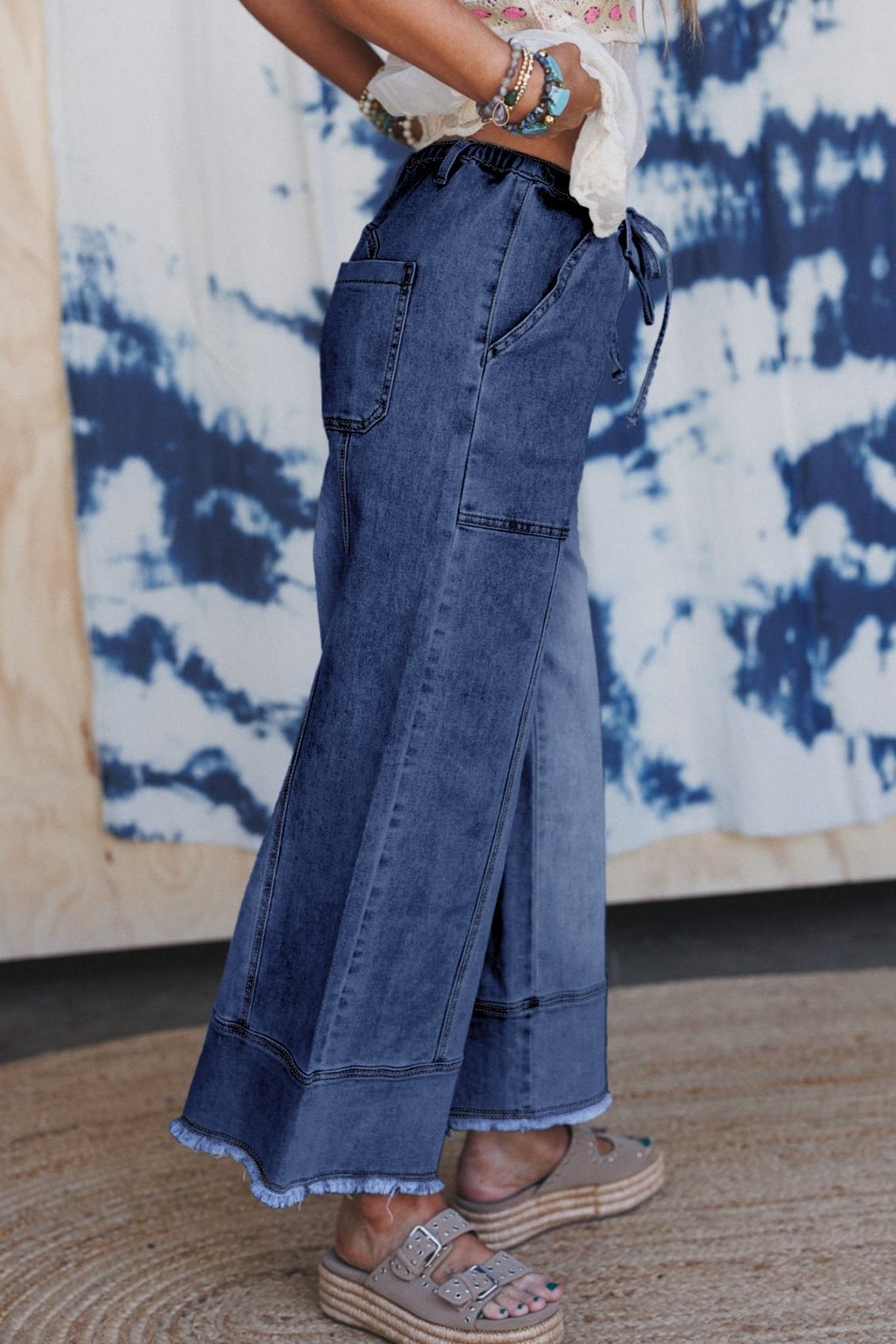 Prussian Blue Drawstring Seam Detail Raw Hem Wide Leg Denim Pants - Loving It Shop