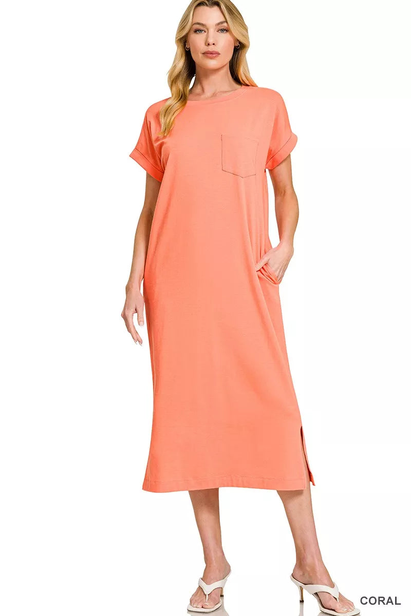 Round Neck Short Sleeve Midi Dress