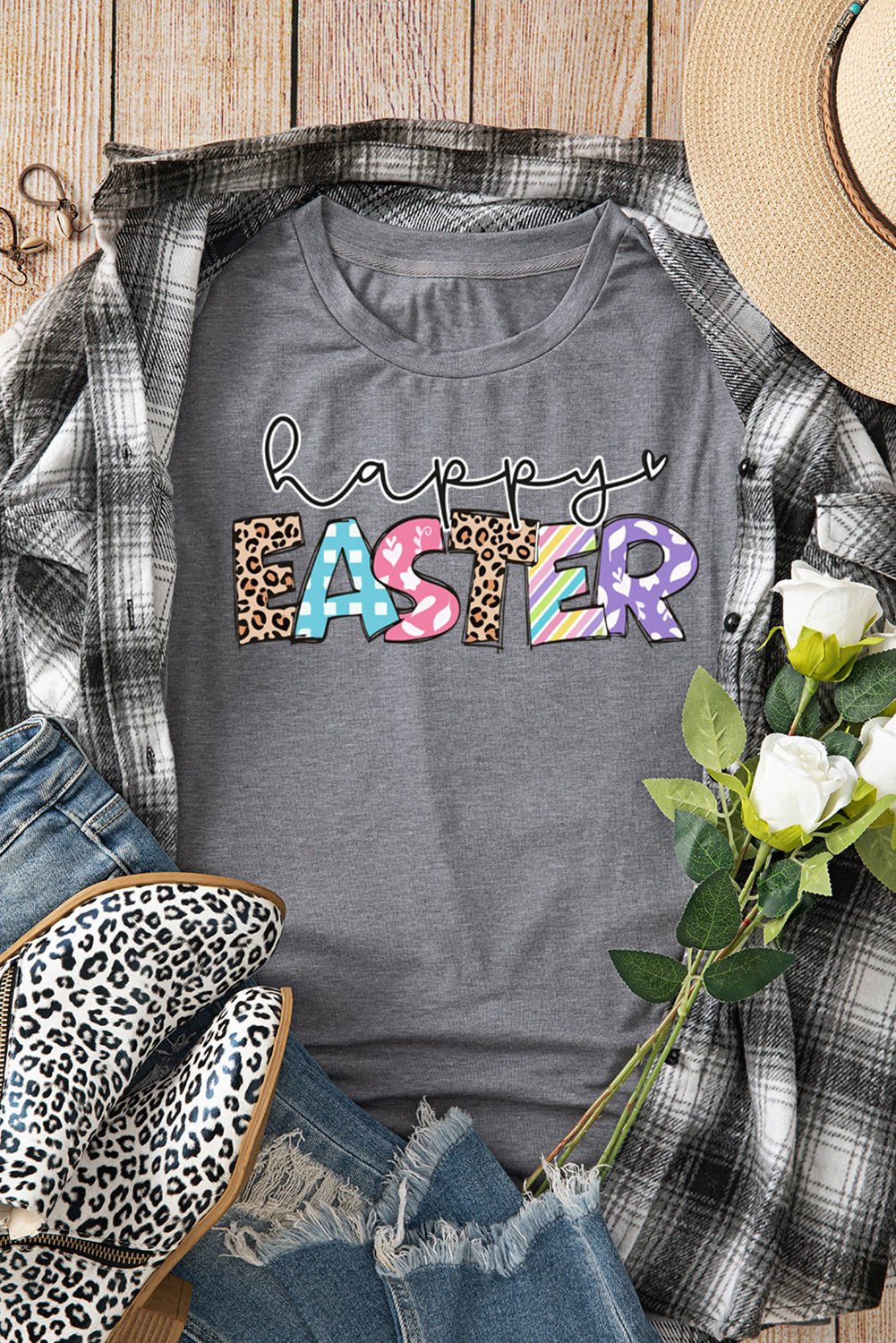 Gray Happy EASTER Lettering Graphic Crewneck Tee - Loving It Shop