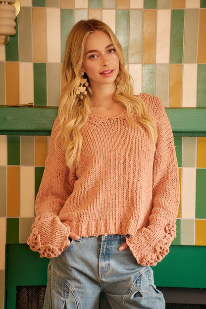 Chunky Knit Sweater with Flower Detail Sleeves