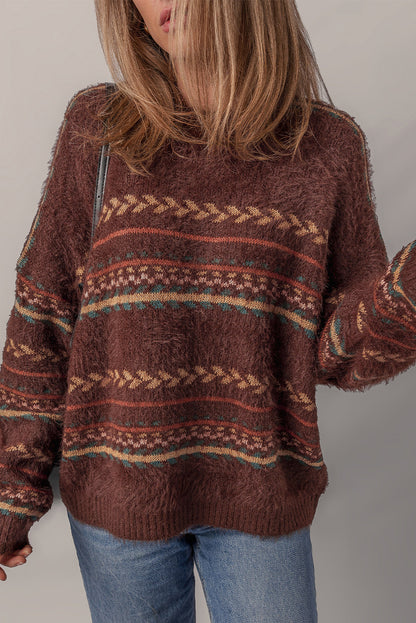 Brown Ethnic Pattern Mohair Knitted Drop Shoulder Sweater