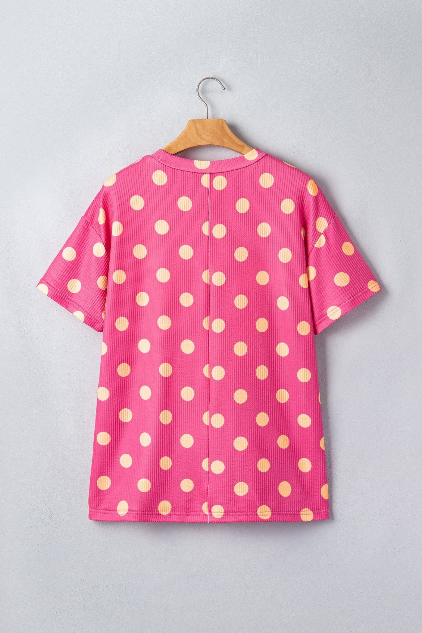 Pink Polka Dot Round Neck Drop Shoulder Patch Pocket Jacquard Texture Top - Loving It Shop