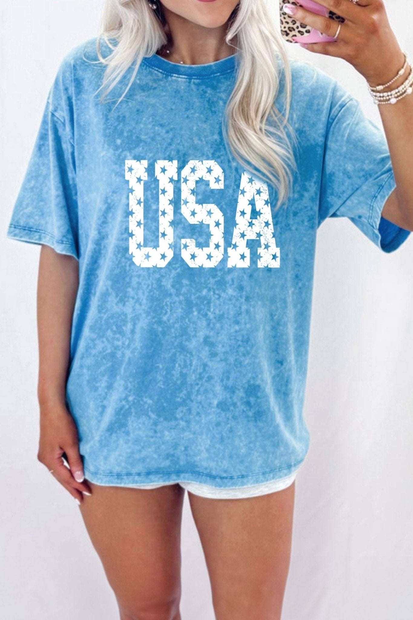 Blue USA Star Print Mineral Washed Cotton Tee - Loving It Shop