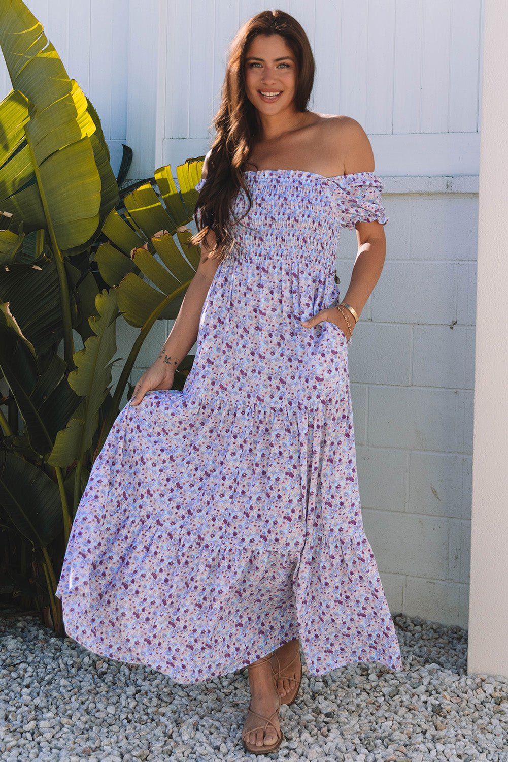 Purple Floral Short Bubble Sleeve Shirred High Waist Maxi Dress - Loving It Shop