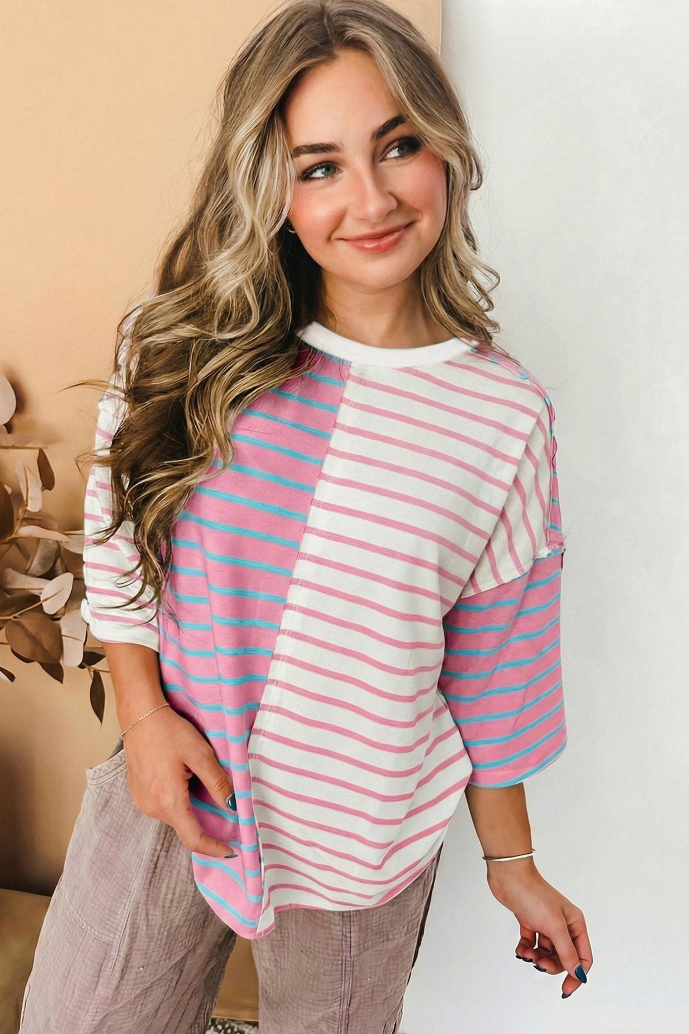 Pink Stripe Colorblock 3/4 Sleeve Loose T Shirt - Loving It Shop