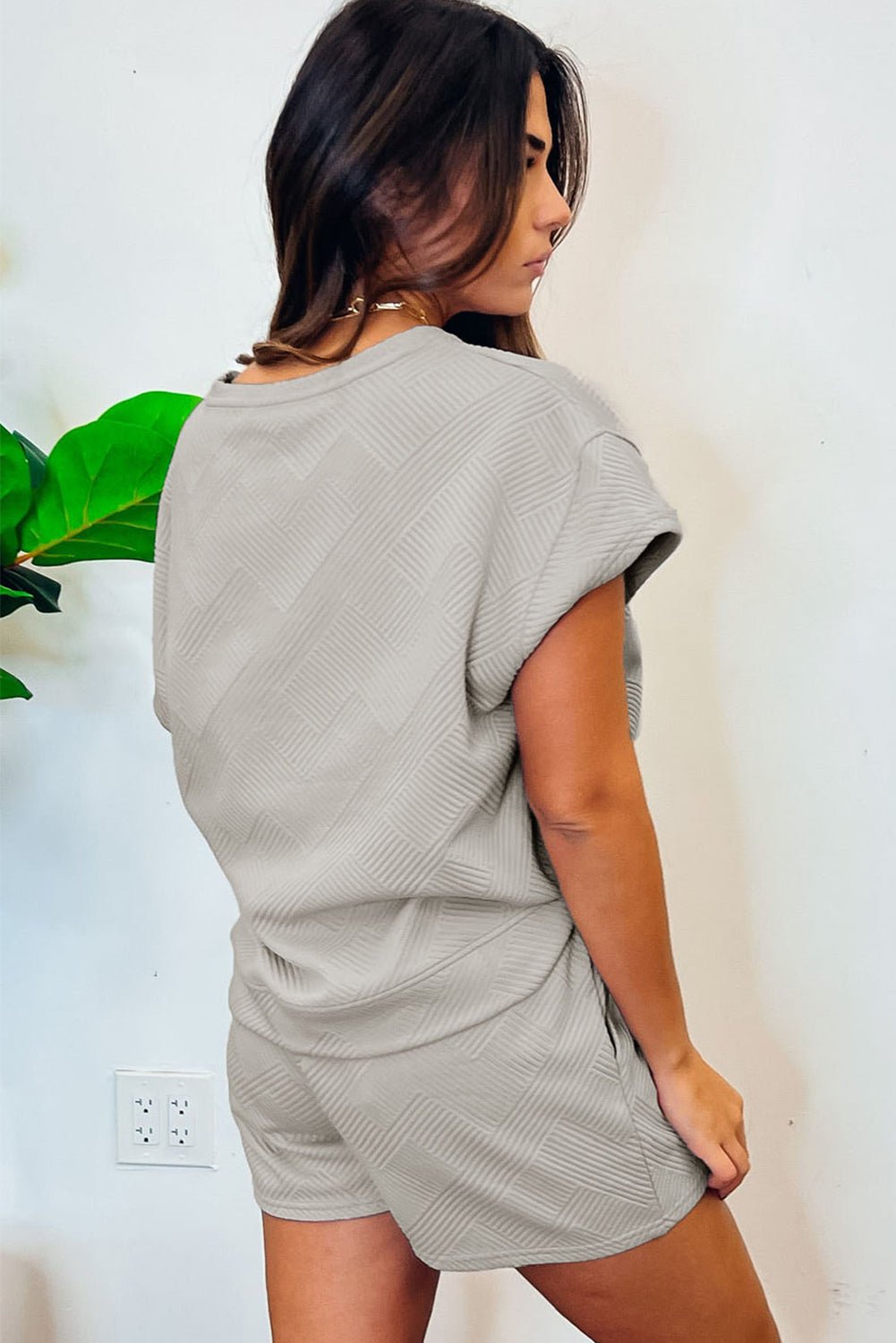 Gray Solid Color Textured Loose Top Casual Two Piece Short Set - Loving It Shop