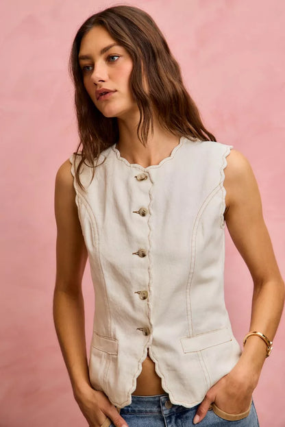 Scalloped Edge Cotton Twill Washed Vest Top