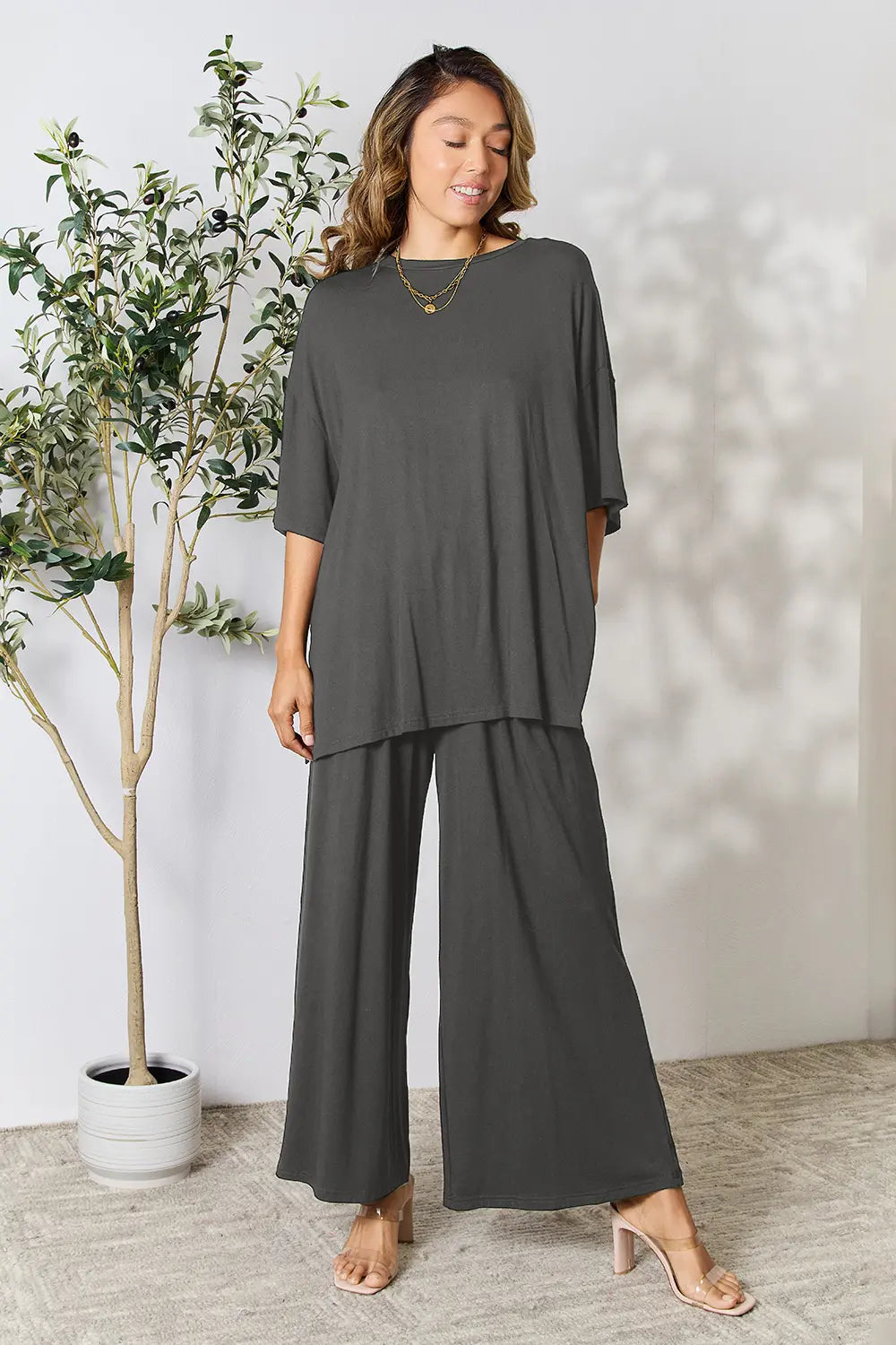 I am a Fashion Junky Full Size Round Neck Slit Top and Pants Set