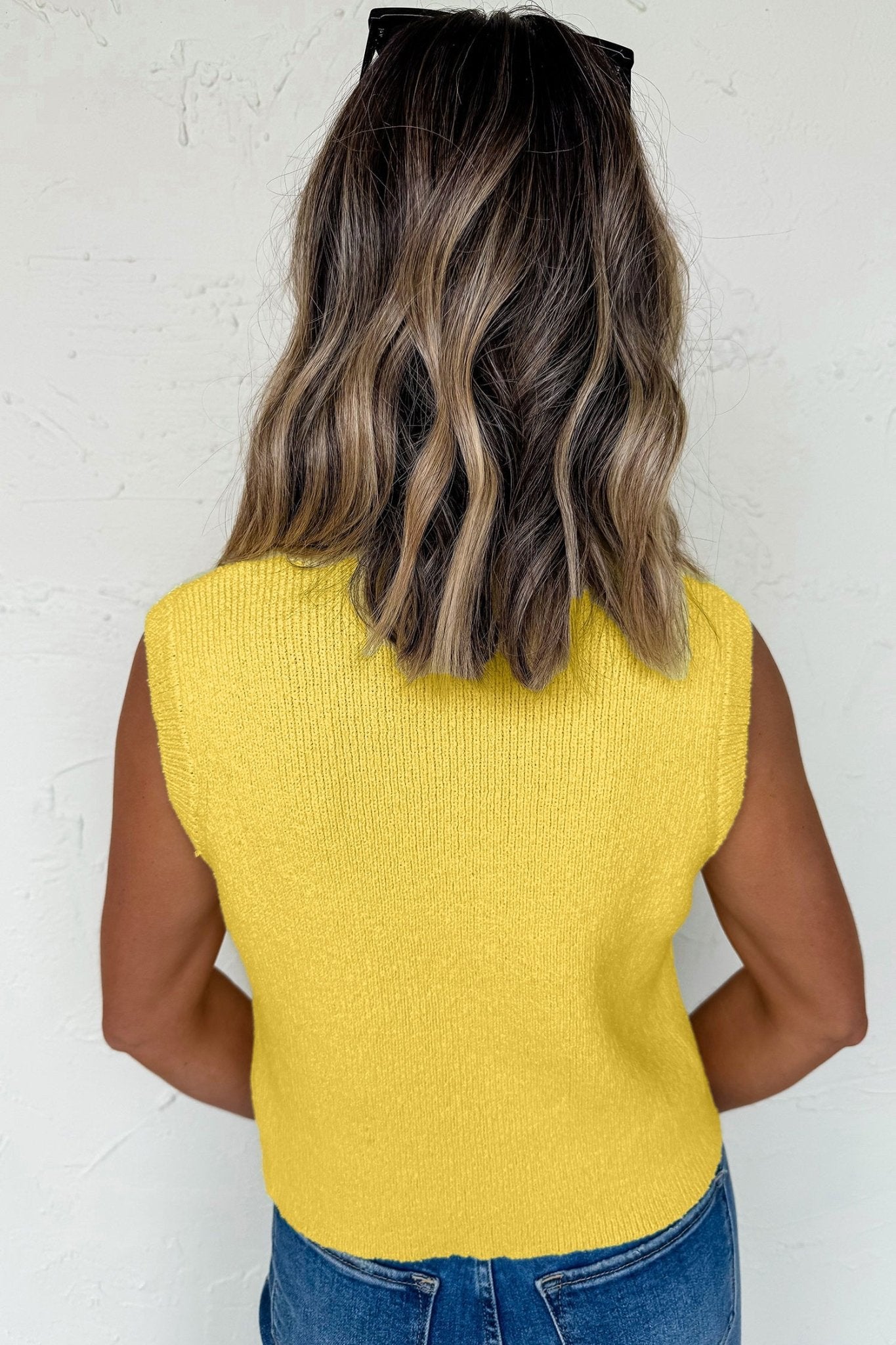 Yellow Cream Solid Color Sleeveless Knit Button Pocketed Sweater - Loving It Shop