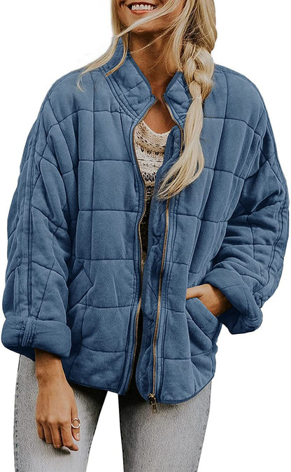 Winter Zip-up Stand Collar Coat With Pockets Fashion Solid Color Plaid Long Sleeved Jacket Women&