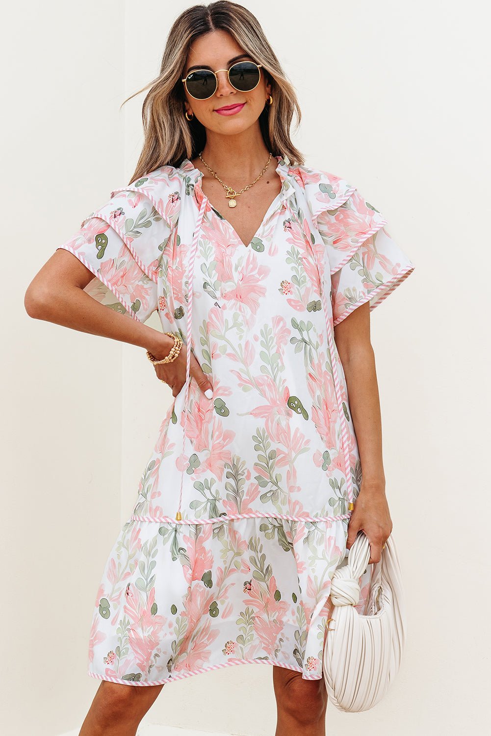 Pink Floral Contrast Edge Layered Short Sleeve Mini Dress - Loving It Shop