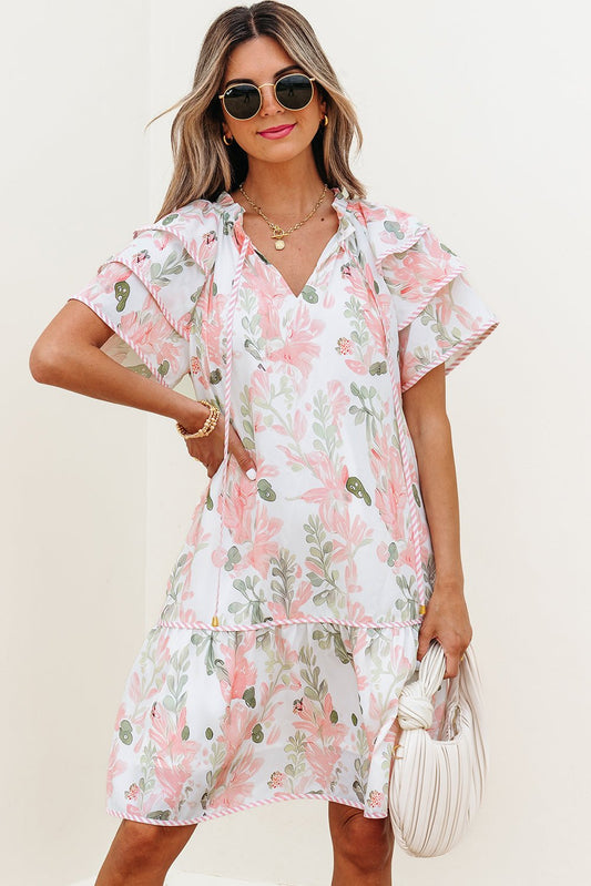 Pink Floral Contrast Edge Layered Short Sleeve Mini Dress - Loving It Shop