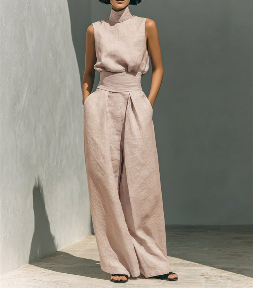 Casual Sleeveless Suit Summer Stand-up Collar Pullover Top And Loose Straight-leg Trousers Women&