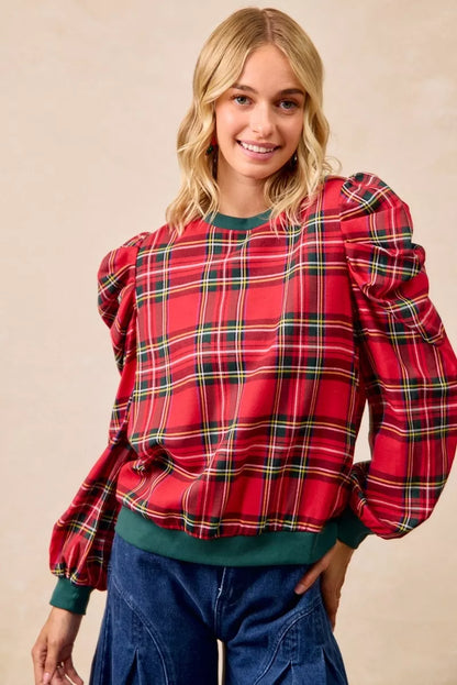 Christmas Plaid Exaggerated Shoulder Sleeves Top