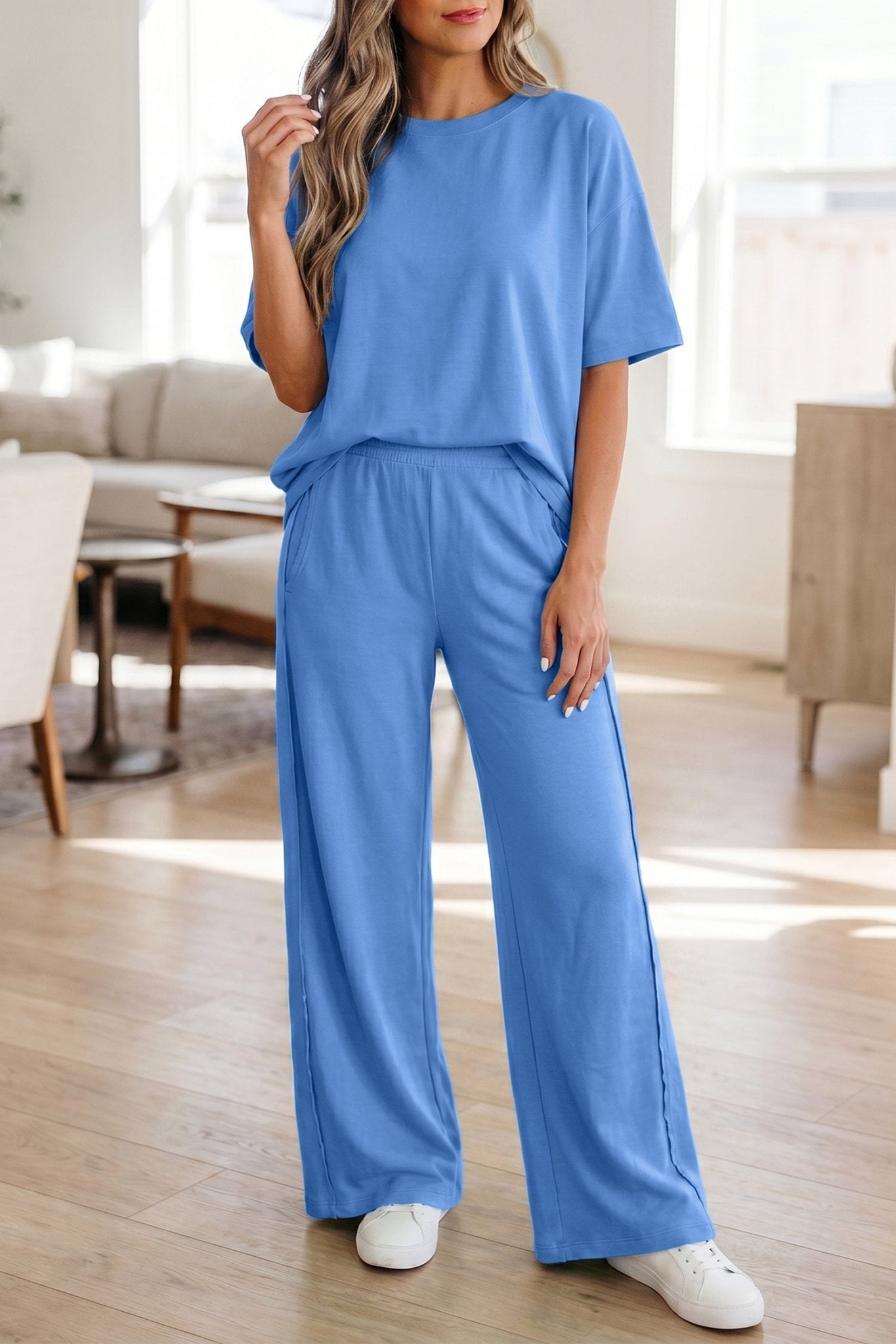 Sky Blue Solid Cover Oversize Tee Pocketed Casual Pants 2pcs Outfit - Loving It Shop