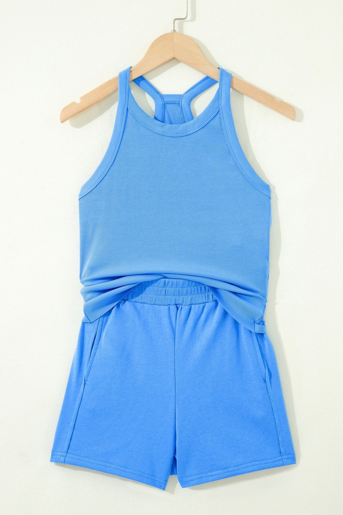 Sky Blue Slim Tank Top Elastic High Waist Shorts 2pcs Outfit - Loving It Shop