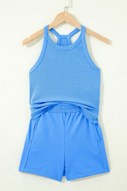 Sky Blue Slim Tank Top Elastic High Waist Shorts 2pcs Outfit - Loving It Shop