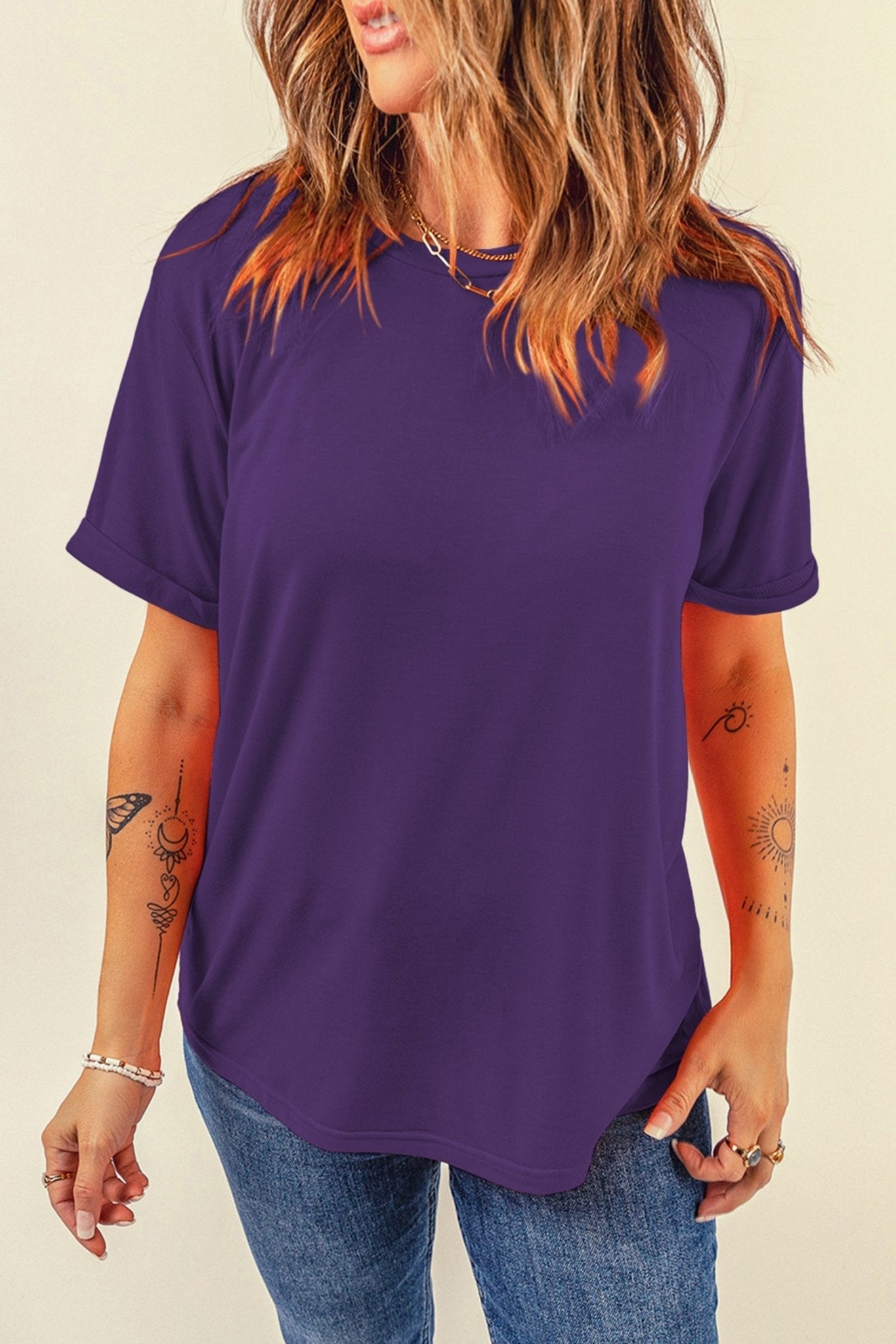 Tillandsia Purple Casual Plain Crew Neck Tee - Loving It Shop