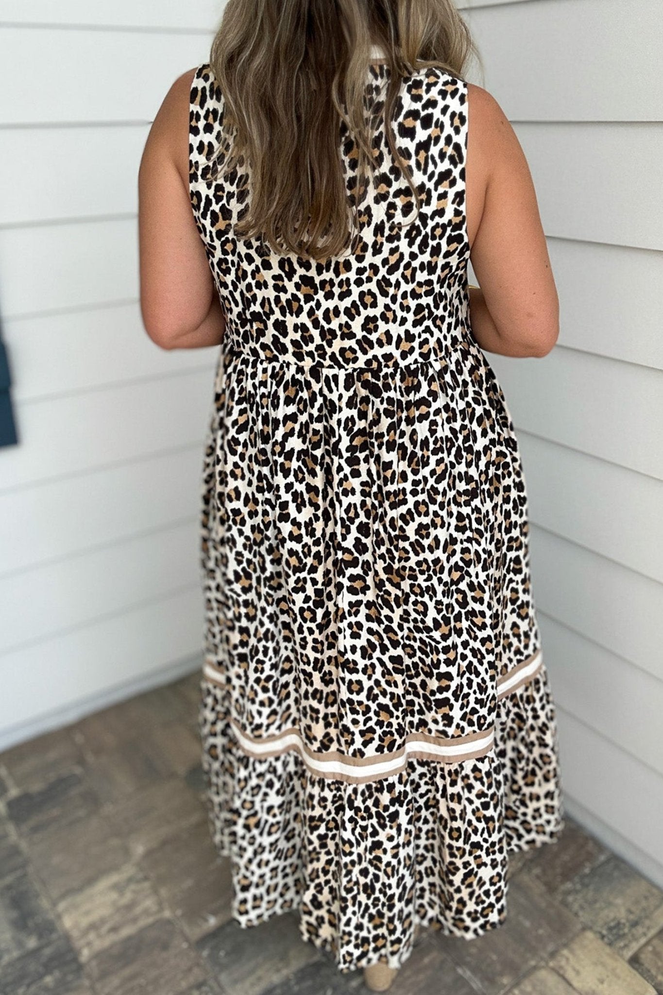 White Leopard Print Colorblock Trim Sleeveless Midi Dress - Loving It Shop