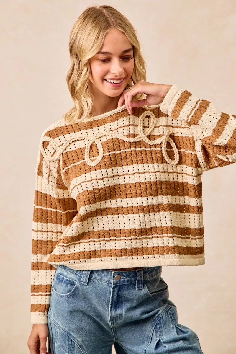 Striped Open Knit Sweater Top with Front Braided Detail