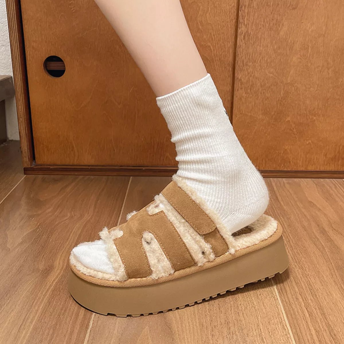 Fluffy Platform Velcro Slippers - Loving It Shop