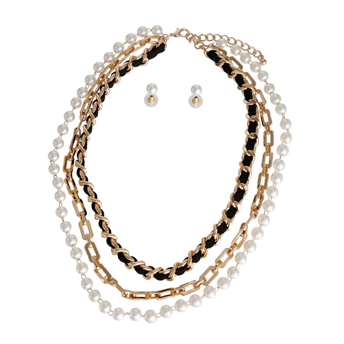 Layered 3-Layer Gold Chain and Pearl Statement Necklace, Trendy Chic Jewelry