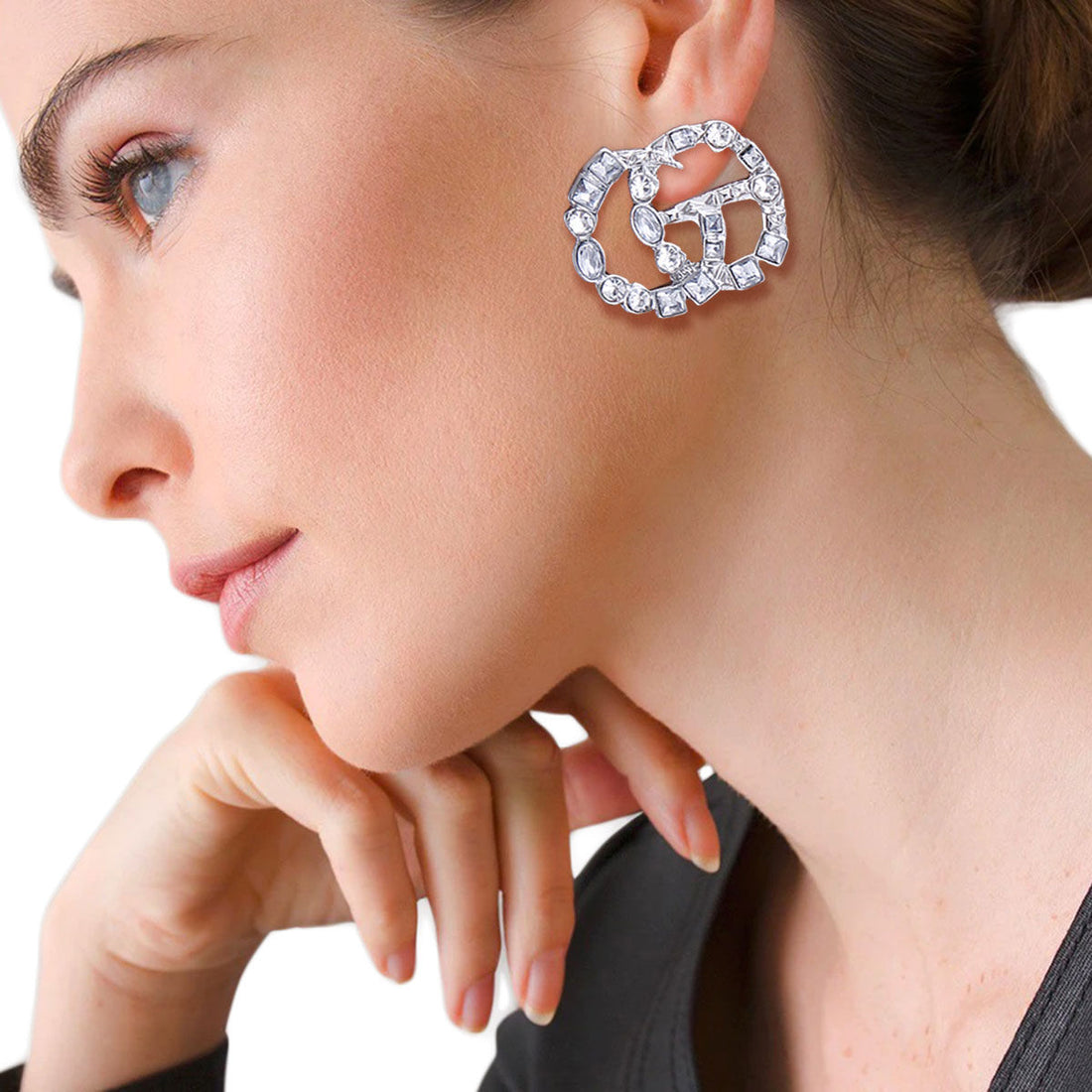 Clear Crystal Stud Earrings Silver Stylish Chic Jewelry