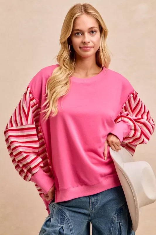 French Terry Stripe Combo Sweatshirt with Open Seam
