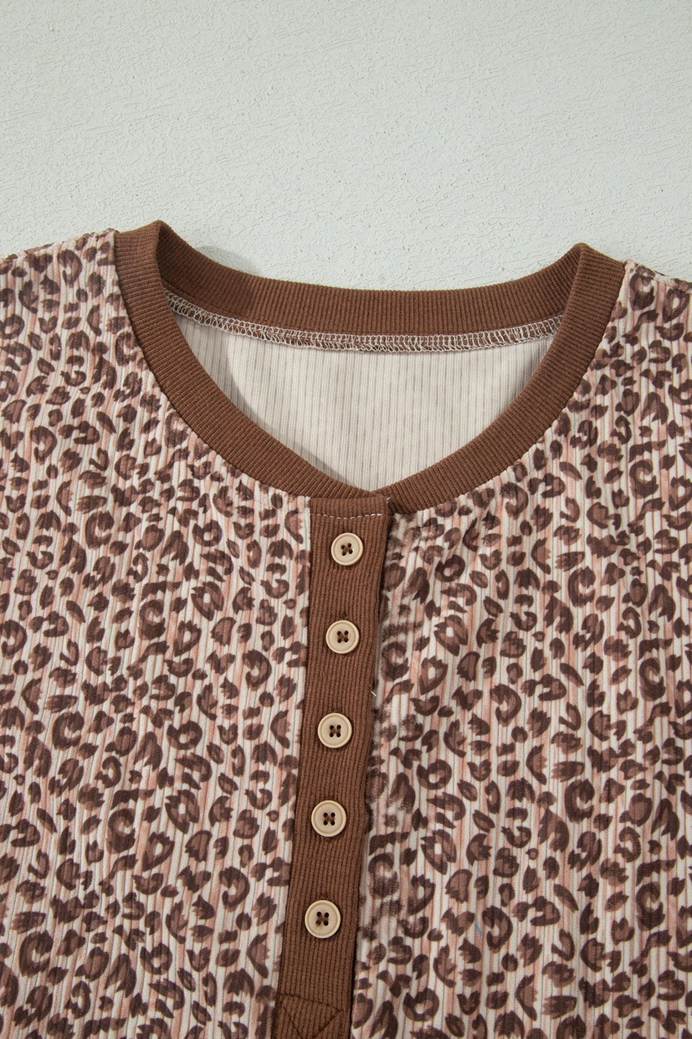 Brown Leopard Print Ribbed Patchwork Half Button Loose Tee Elastic Waist Short 2pcs Set - Loving It Shop