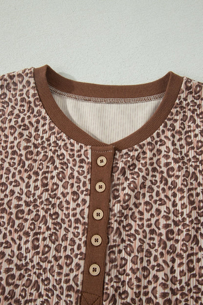 Brown Leopard Print Ribbed Patchwork Half Button Loose Tee Elastic Waist Short 2pcs Set - Loving It Shop