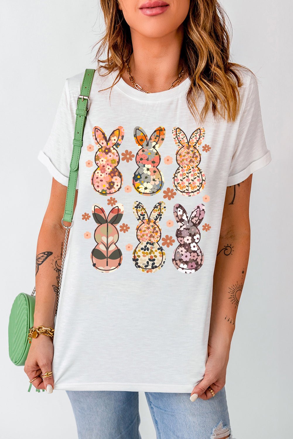 White Floral Bunny Graphic Crewneck Easter Fashion Tee - Loving It Shop