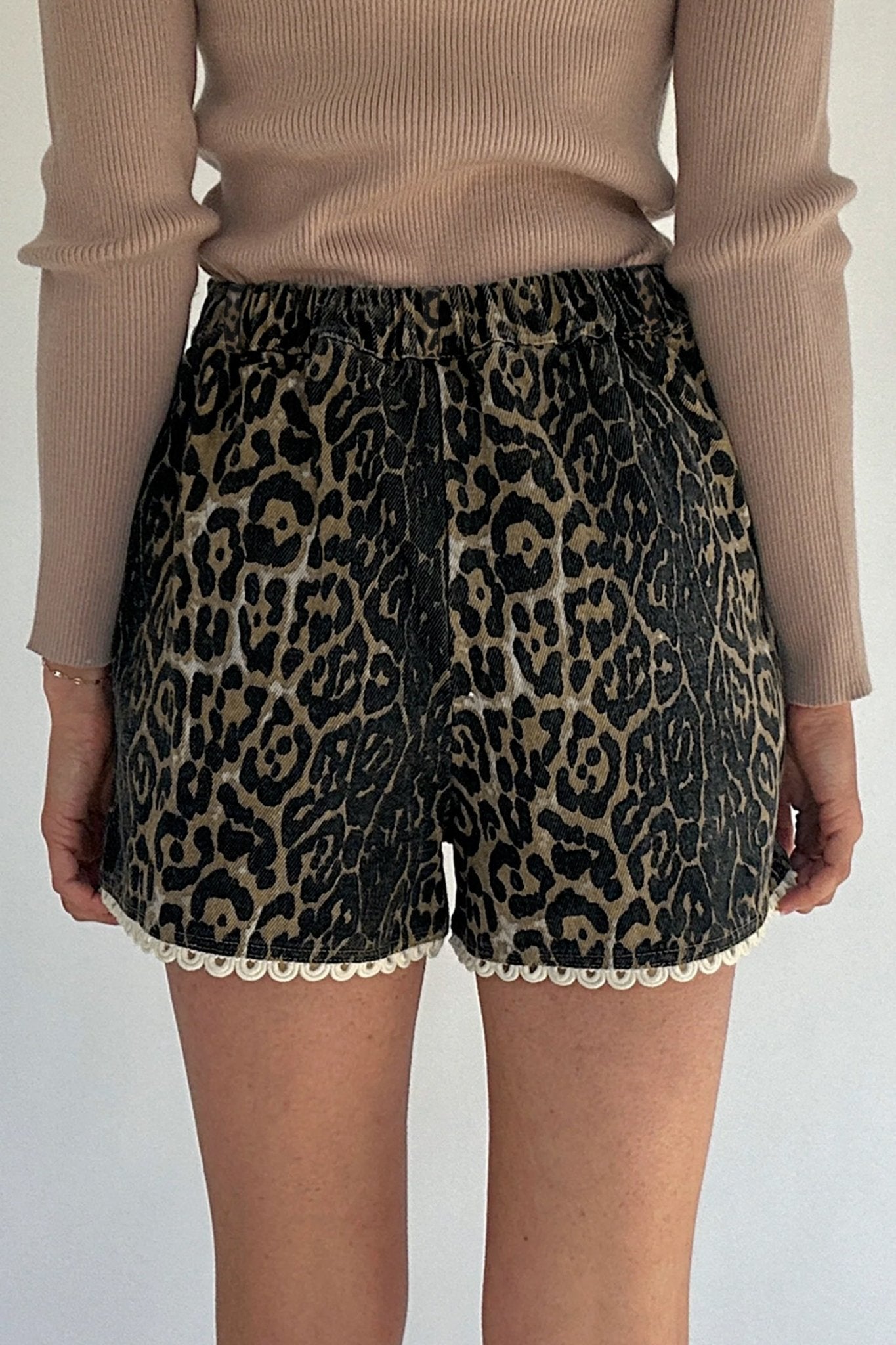 Khaki Contrast Scalloped Lace Trim Leopard Denim Shorts - Loving It Shop