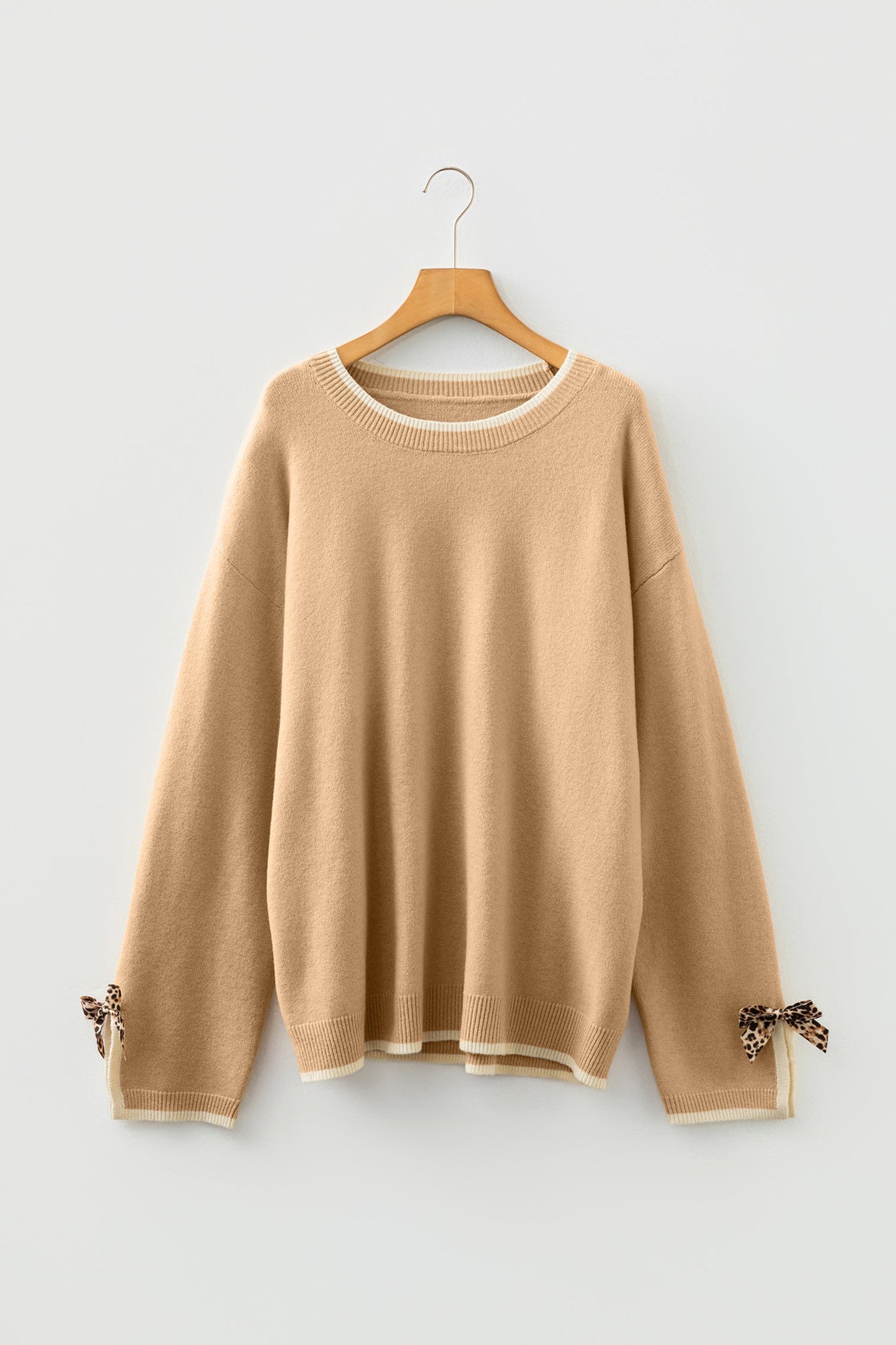 Tan Plus Size Leopard Bow Decor Split Cuffs Loose Sweater