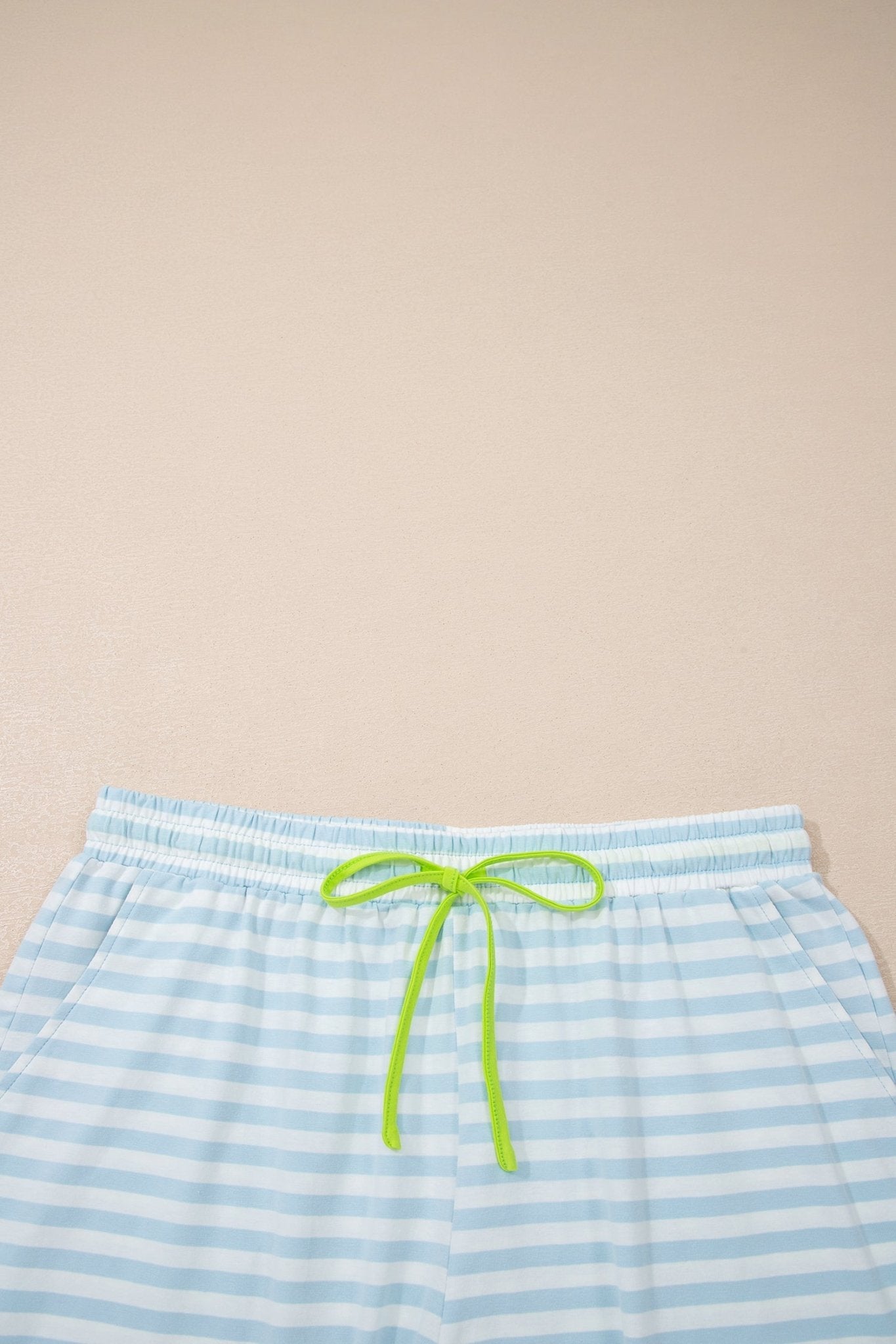 Sky Blue Stripe Contrast Neck Loose Tee and Drawstring Shorts Set - Loving It Shop