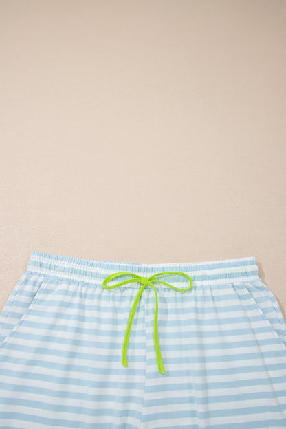 Sky Blue Stripe Contrast Neck Loose Tee and Drawstring Shorts Set - Loving It Shop