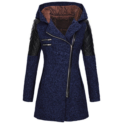 Women Warm Slim Full Zipper Coat Thick Woolen Coat Female Fall Winter Windbreaker Hooded Diagonal Zipper Women&