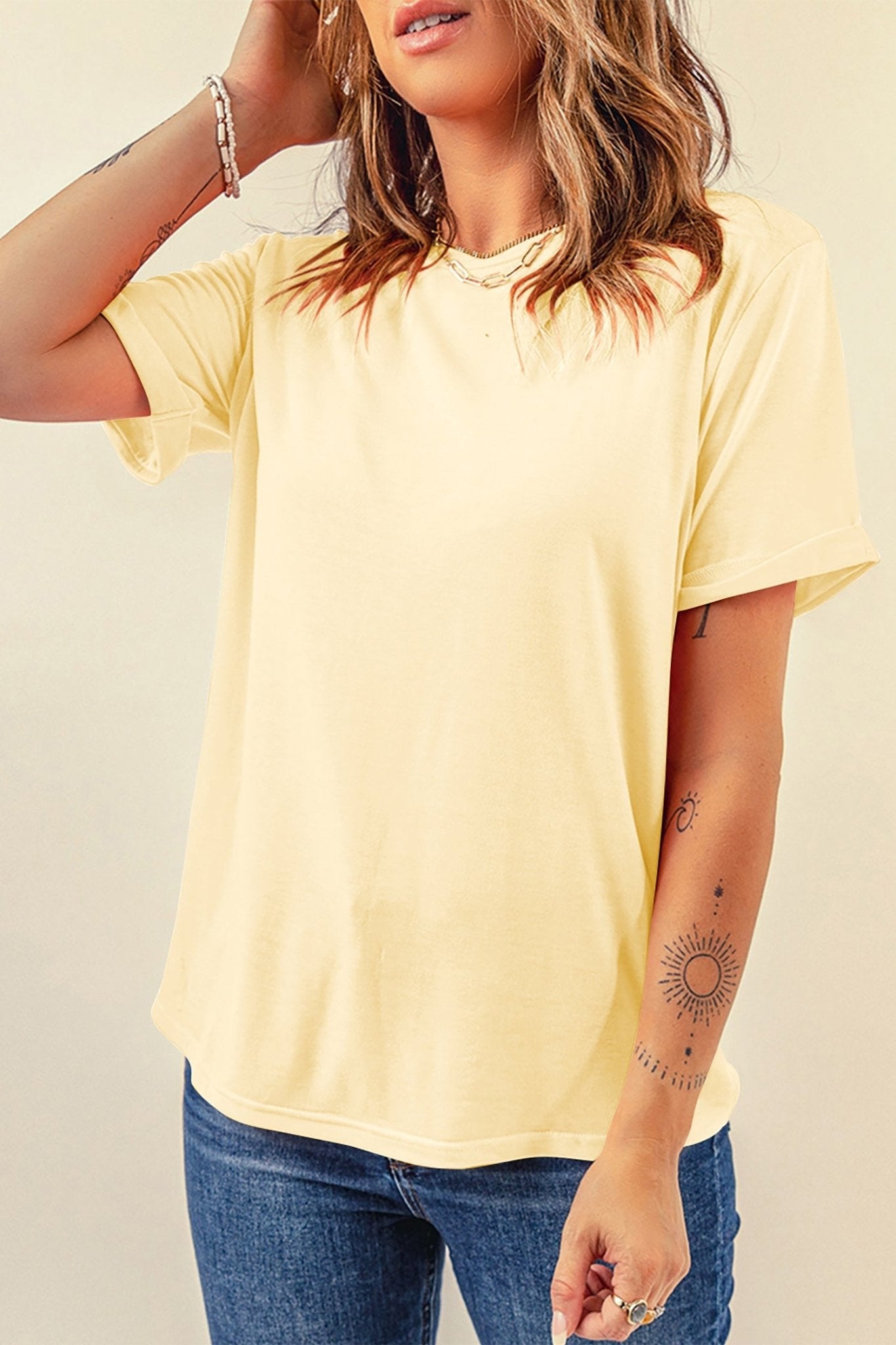 Yellow Cream Casual Plain Crew Neck Tee - Loving It Shop