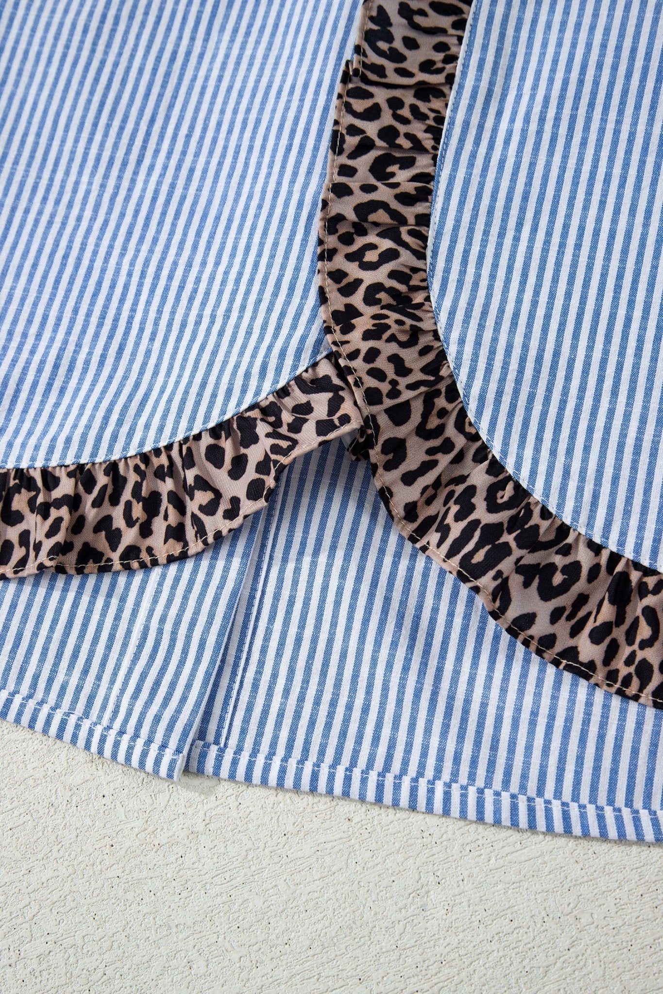 Sky Blue Stripe Contrast Frilled Leopard Trim Casual Long Sleeve Shirt - Loving It Shop