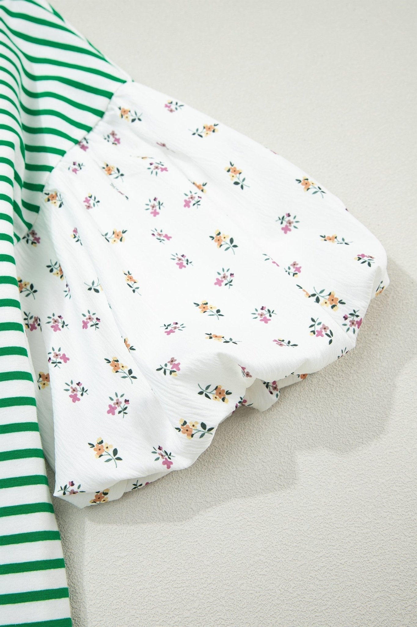 Green Stripe Floral Puff Sleeve Patchwork Round Neck Loose Top - Loving It Shop