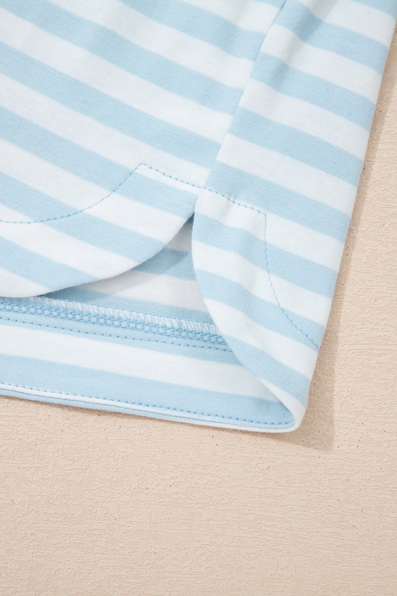 Sky Blue Stripe Contrast Neck Loose Tee and Drawstring Shorts Set - Loving It Shop