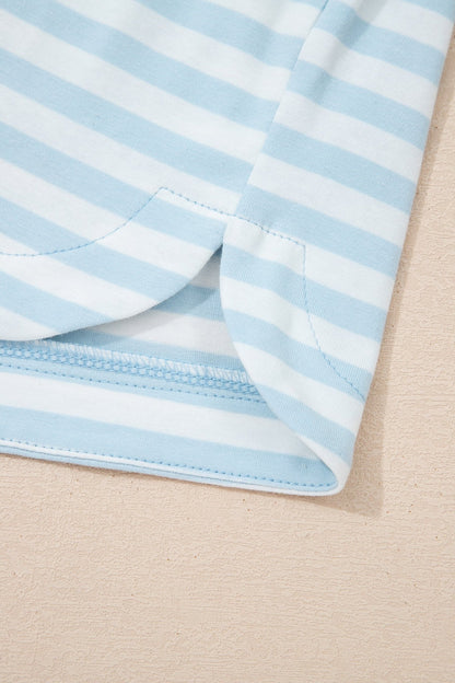 Sky Blue Stripe Contrast Neck Loose Tee and Drawstring Shorts Set - Loving It Shop